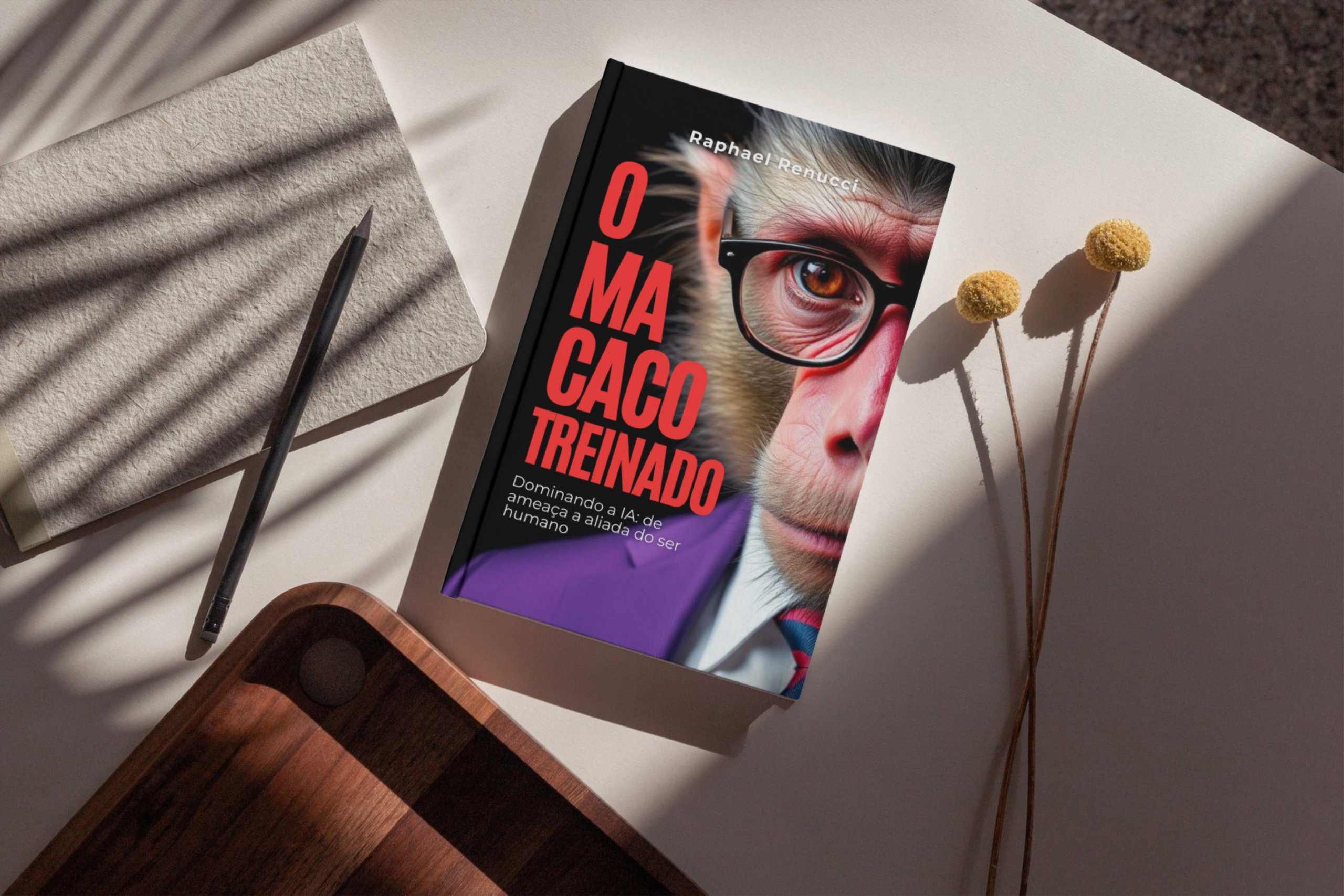 mockup livro O Macaco Treinado sobre a mesa